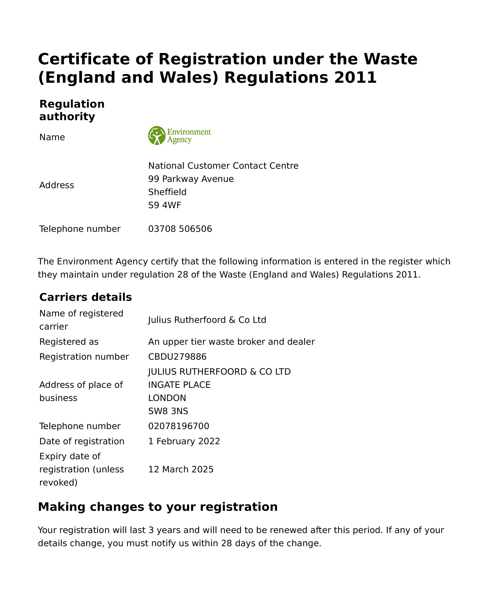 Certificate of Registration under the Waste Regulations