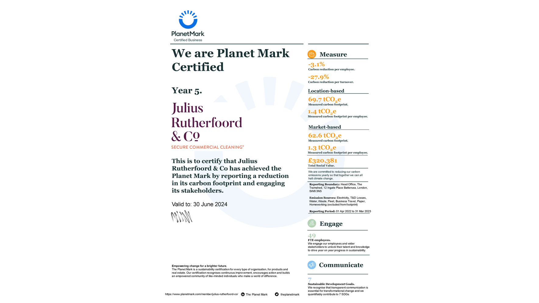 JR&Co Planet Mark certificate
